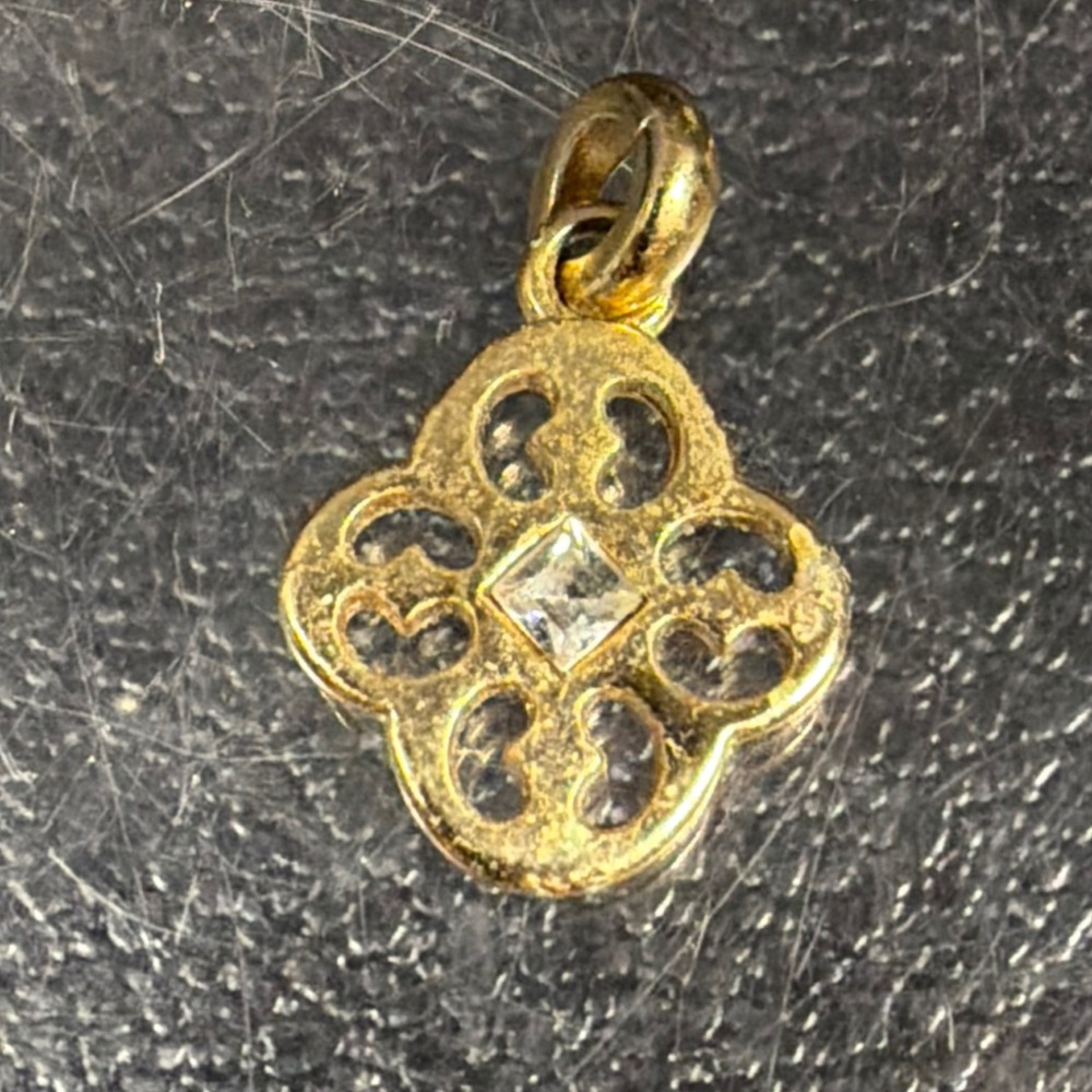 Vintage Gold Tone Quatrefoil Openwork Pendant Square Rhinestone Charm